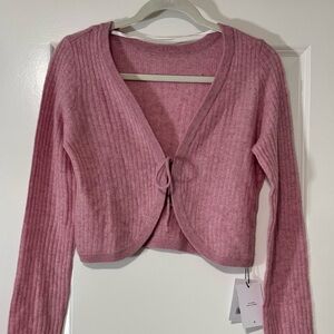 NAADAM 100% Cashmere Medium Cropped Tie Up Ribbed Cardigan Sweater Pink Mist NWT